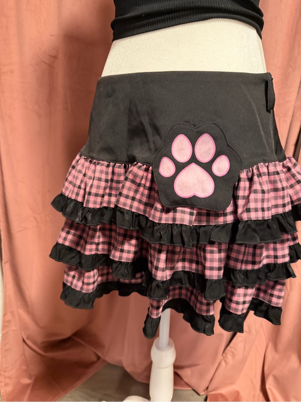 Black and Pink Plaid Ruffle Mini Skirt with Paw Patch